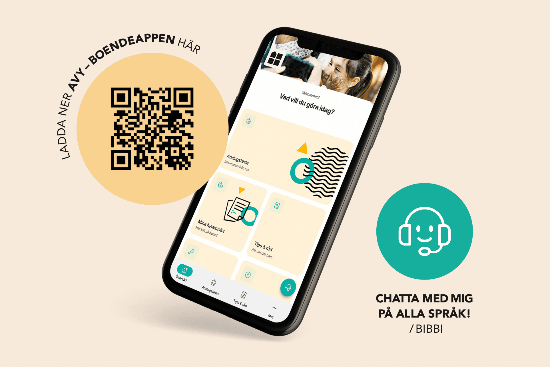 The housing app on a mobile phone, with a QR code for downloading the app and the chat assistant Bibbi