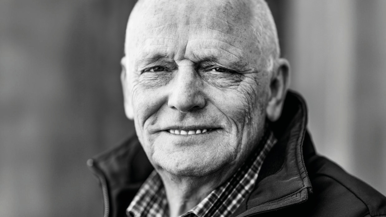 Svartvitt porträtt av Björn, boende på Hässleholmen